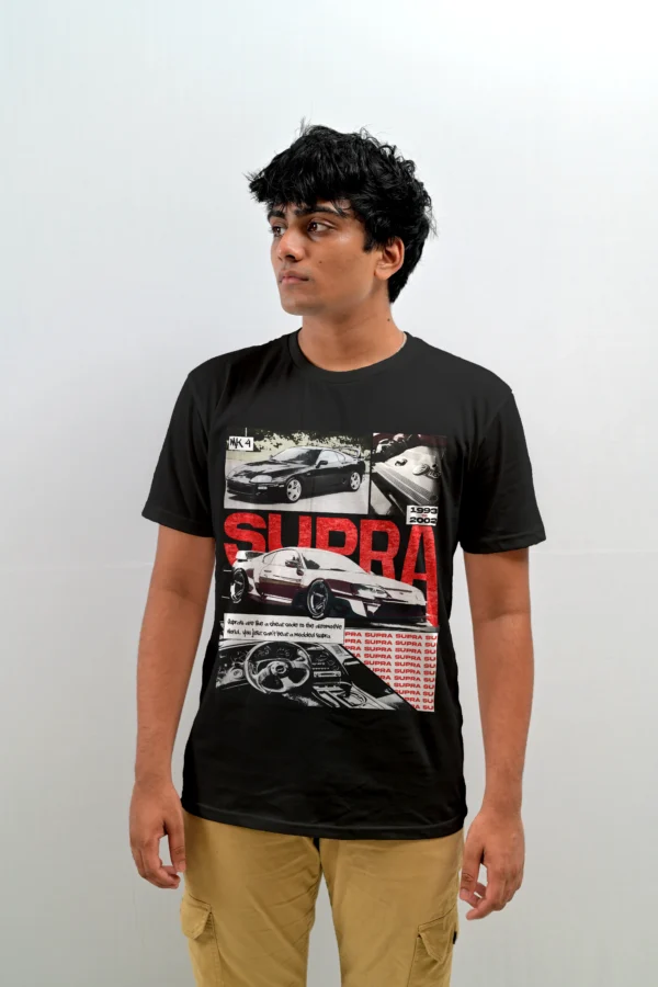 A stylish men's black Supra MK4 t-shirt made of 100% cotton, showcased against a plain background, highlighting its quality and design.