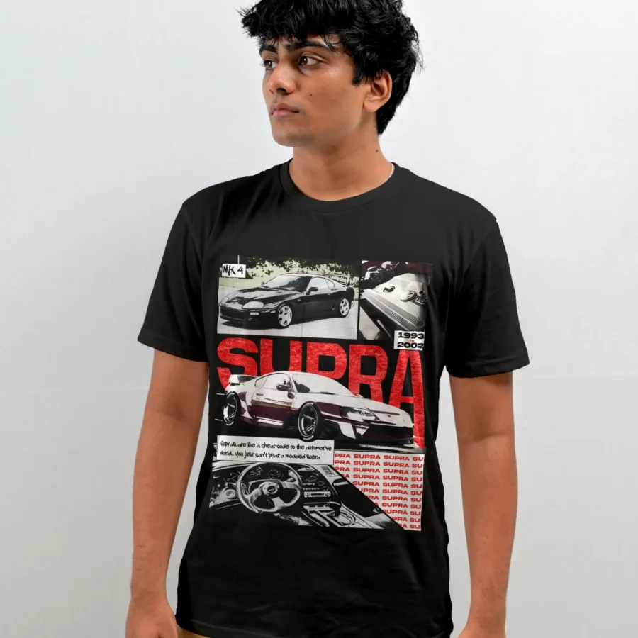 A stylish men's black Supra MK4 t-shirt made of 100% cotton, showcased against a plain background, highlighting its quality and design.