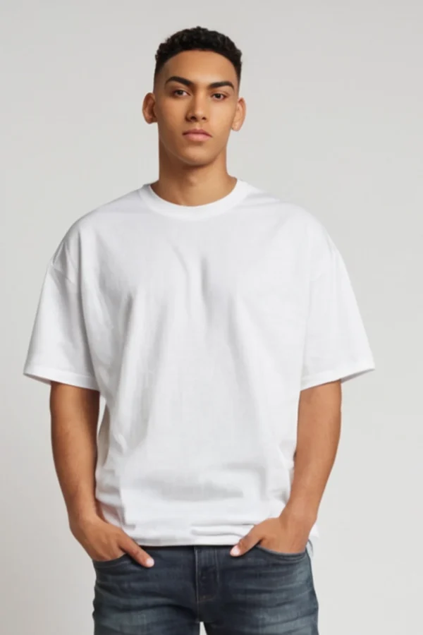 A men’s solid white oversized shirt with a clean and minimalistic design, ideal for versatile styling and a modern look.