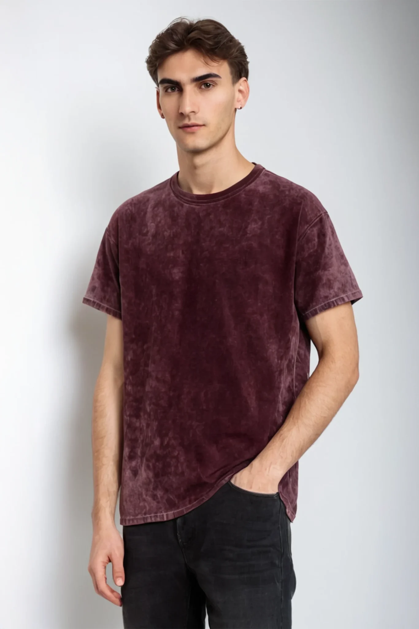 A men’s solid maroon acid wash oversized T-shirt with a vintage-inspired design, perfect for casual and streetwear looks.