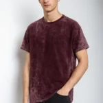 A men’s solid maroon acid wash oversized T-shirt with a vintage-inspired design, perfect for casual and streetwear looks.