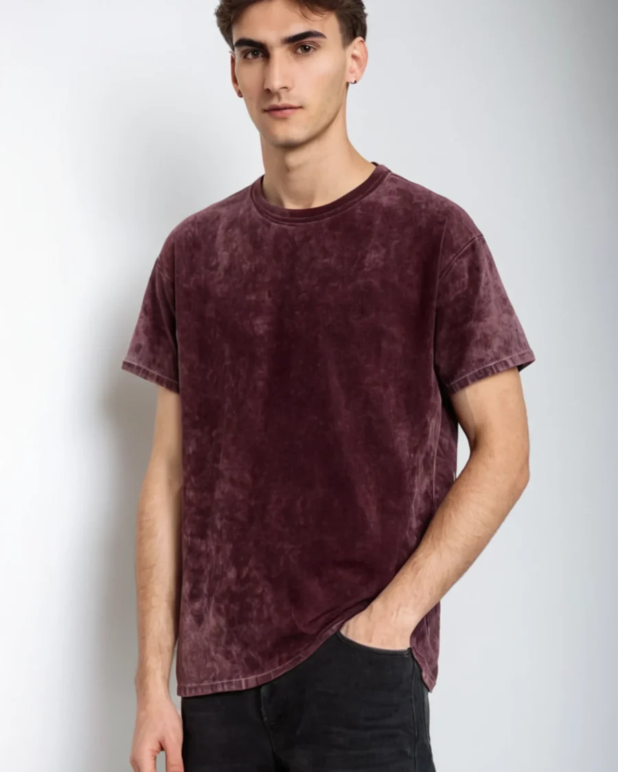 A men’s solid maroon acid wash oversized T-shirt with a vintage-inspired design, perfect for casual and streetwear looks.