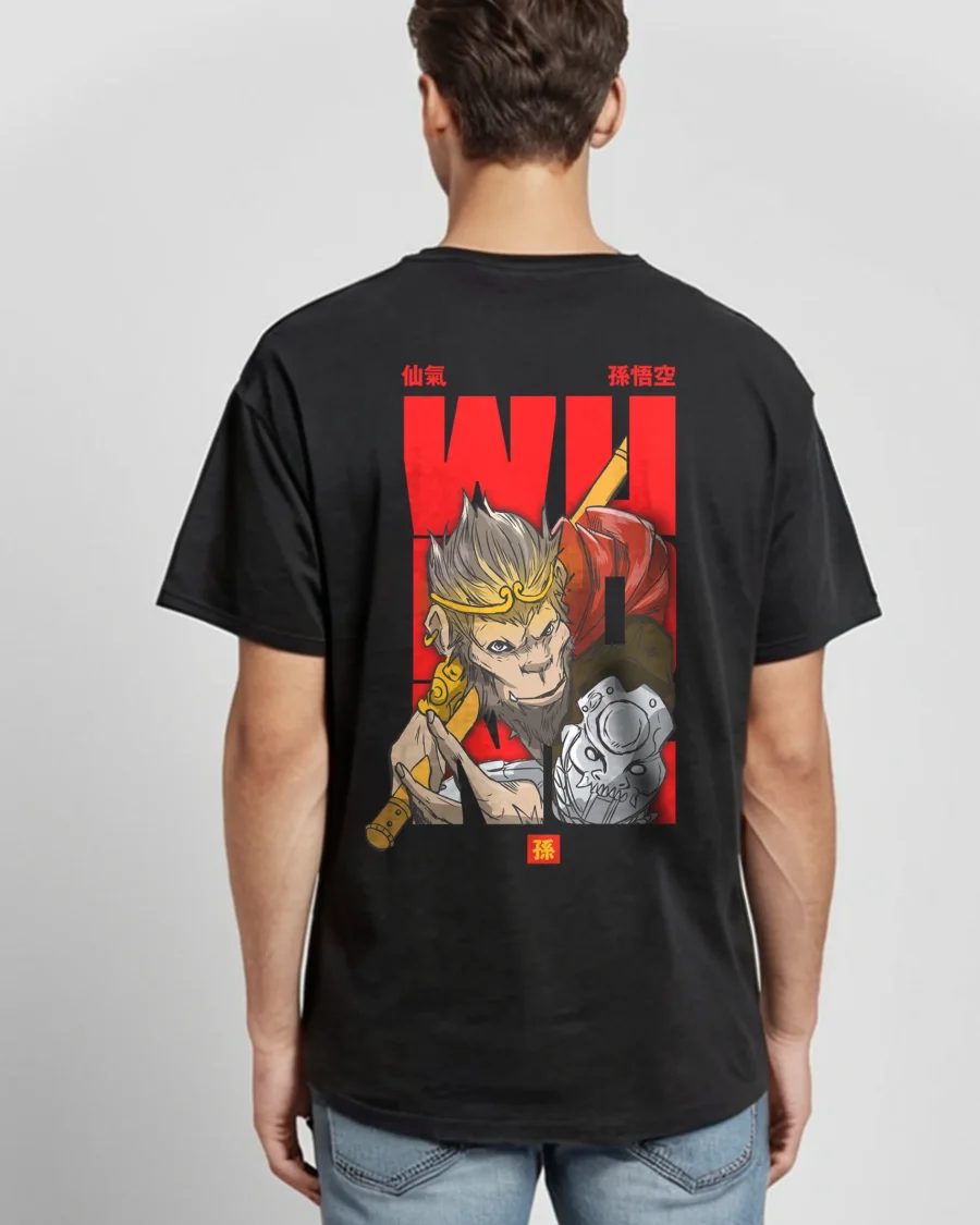 A stylish oversized men’s graphic-printed T-shirt featuring a bold Wukong design, perfect for casual and streetwear fashion.
