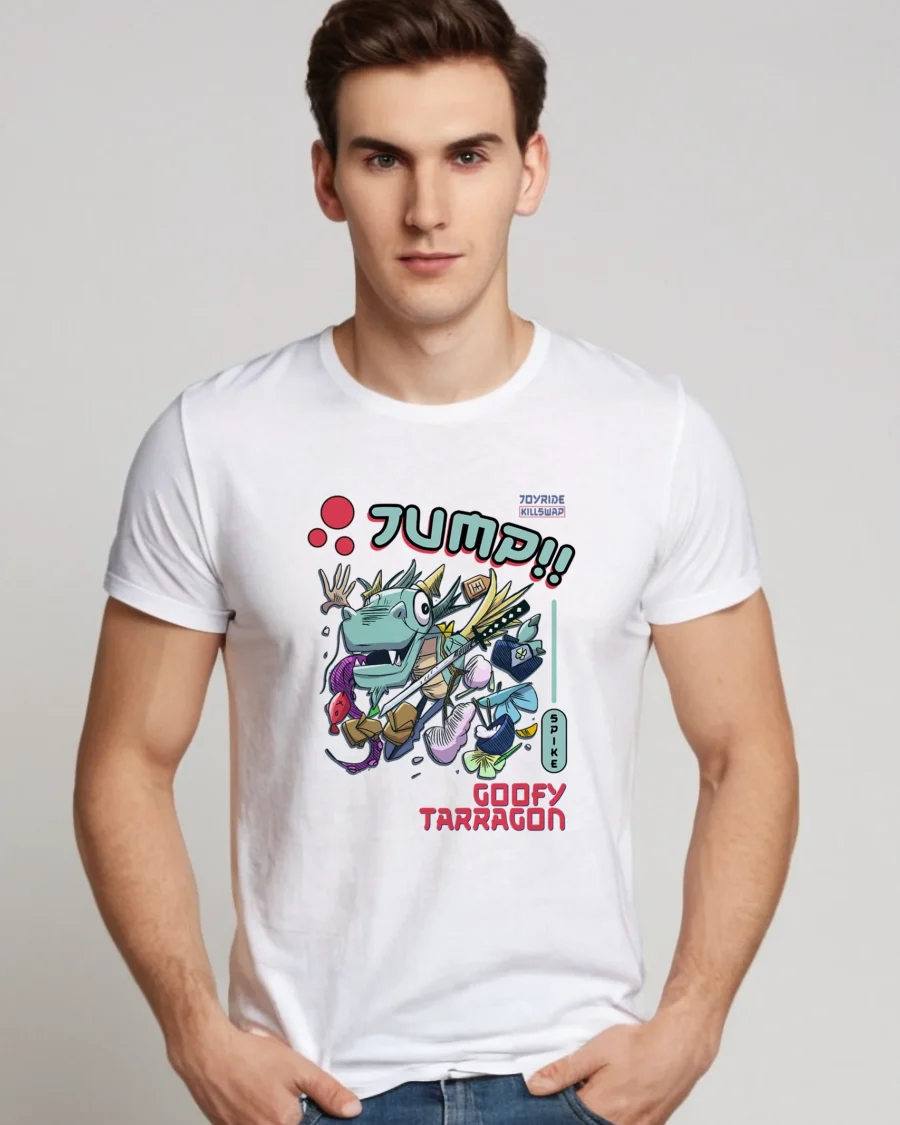 A casual white T-shirt with a playful Goofy Tarragon design, perfect for adding a fun touch to everyday outfits.